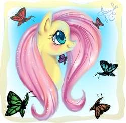 Size: 1359x1326 | Tagged: safe, artist:pauuhanthothecat, character:fluttershy, bust, butterfly, female, portrait, profile, solo