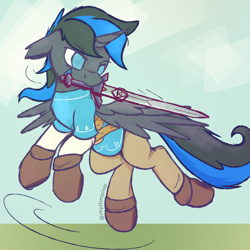Size: 1500x1500 | Tagged: safe, artist:rhythmpixel, oc, oc only, oc:blaze, species:alicorn, species:pony, g4, boots, clothing, male, pants, shoes, solo, stallion, sword, the legend of zelda, tunic, weapon