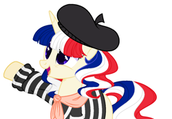 Size: 1109x774 | Tagged: safe, artist:teepew, artist:thieeur-nawng, base used, species:earth pony, species:pony, nation ponies, g4, beret, clothing, france, hat, open mouth, ponified, raised hoof, simple background, smiling, solo, white background
