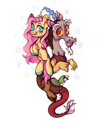 Size: 2000x2260 | Tagged: safe, artist:occultusion, character:discord, character:fluttershy, species:draconequus, species:pegasus, species:pony, ship:discoshy, g4, alternate hairstyle, beard, blushing, cute, facial hair, female, flying, grin, male, mare, missing cutie mark, raised hoof, shipping, shyabetes, simple background, smiling, straight, unshorn fetlocks, white background