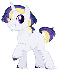 Size: 2185x2585 | Tagged: safe, artist:thieeur-nawng, oc, oc only, species:pony, species:unicorn, g4, grin, horn, raised hoof, simple background, smiling, solo, unicorn oc, unshorn fetlocks, white background