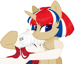 Size: 2738x2322 | Tagged: safe, artist:teepew, artist:thieeur-nawng, base used, species:earth pony, species:pony, species:unicorn, nation ponies, g4, eyes closed, hug, jewelry, necklace, north korea, ponified, simple background, south korea, white background