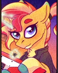 Size: 320x399 | Tagged: safe, alternate version, artist:shootingstaryt, character:sunset shimmer, species:pony, species:unicorn, g4, bust, clothing, colored hooves, female, glowing horn, horn, magic, mare, solo, telekinesis