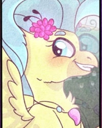 Size: 320x401 | Tagged: safe, alternate version, artist:shootingstaryt, character:princess skystar, species:classical hippogriff, species:hippogriff, g4, my little pony: the movie (2017), blushing, bust, female, flower, flower in hair, jewelry, necklace, smiling, solo