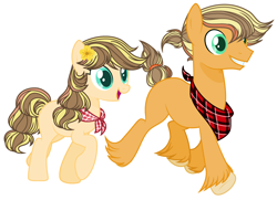 Size: 3385x2457 | Tagged: safe, artist:thieeur-nawng, base used, oc, oc:golden apple, oc:honey apple, parent:applejack, parent:caramel, parents:carajack, species:earth pony, species:pony, g4, duo, female, male, mare, neckerchief, offspring, simple background, stallion, white background