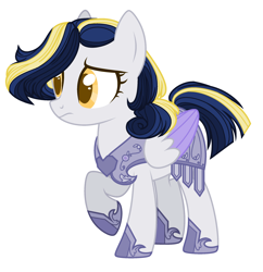 Size: 2449x2525 | Tagged: safe, artist:lazuli, artist:thieeur-nawng, base used, oc, oc only, parent:princess cadance, parent:shining armor, parents:shiningcadance, species:pegasus, species:pony, g4, armor, hoof shoes, offspring, pegasus oc, simple background, solo, two toned wings, white background, wings, worried
