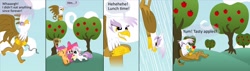 Size: 2000x571 | Tagged: safe, artist:cgeta, character:apple bloom, character:gilda, character:scootaloo, character:sweetie belle, species:griffon, bait and switch, comic, cutie mark crusaders
