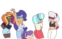 Size: 1900x1200 | Tagged: safe, artist:icey-wicey-1517, artist:kb-gamerartist, edit, character:coco pommel, character:photo finish, character:rarity, character:sassy saddles, character:suri polomare, species:human, ship:cocopolo, g4, ass, bedroom eyes, boob window, breasts, butt, clothing, collaboration, color edit, colored, dark skin, eyes on the prize, female, glasses, grin, hairband, headband, humanized, leotard, lesbian, midriff, one eye closed, pants, shipping, shirt, simple background, smiling, smirk, sports bra, sweatband, sweatpants, t-shirt, transparent background, wink, workout, workout outfit, yoga