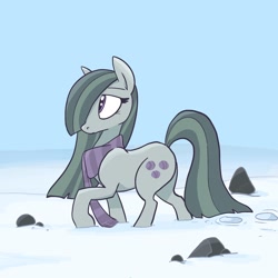 Size: 2048x2048 | Tagged: safe, artist:pfeffaroo, character:marble pie, species:earth pony, species:pony, g4, clothing, female, hair over one eye, high res, looking away, looking up, mare, outdoors, profile, raised hoof, rock, rock farm, scarf, snow, solo, winter