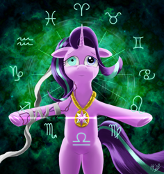 Size: 1748x1851 | Tagged: safe, artist:jphyperx, character:starlight glimmer, species:pony, species:unicorn, fanfic:starlight glimmer and the runekeepers, g4, bandage, curse, injured, jewelry, magic, necklace, sad, simple background, solo, stars, zodiac, zodiac sign