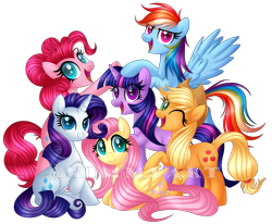Size: 1782x1467 | Tagged: safe, artist:kimmyartmlp, character:applejack, character:fluttershy, character:pinkie pie, character:rainbow dash, character:rarity, character:twilight sparkle, character:twilight sparkle (unicorn), species:earth pony, species:pegasus, species:pony, species:unicorn, g4, colored eyebrows, cute, female, happy birthday mlp:fim, looking at you, lying down, mane six, mane six opening poses, mare, mlp fim's tenth anniversary, one eye closed, open mouth, prone, raised hoof, simple background, sitting, smiling, transparent background, wings, wink