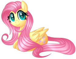 Size: 920x710 | Tagged: safe, artist:andypriceart, artist:kimmyartmlp, character:fluttershy, species:pegasus, species:pony, g4, cute, female, folded wings, looking at you, lying down, mare, ponyloaf, prone, shyabetes, signature, simple background, smiling, solo, transparent background, wings
