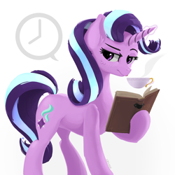 Size: 2048x2048 | Tagged: safe, artist:qzygugu, character:starlight glimmer, species:pony, species:unicorn, g4, book, cup, high res, levitation, looking away, magic, simple background, solo, teacup, telekinesis, white background, wrong eye color