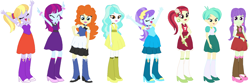 Size: 1687x560 | Tagged: safe, artist:sturk-fontaine, character:aqua blossom, character:cloudy kicks, character:mystery mint, character:paisley, character:starlight, species:eqg human, g4, my little pony:equestria girls, background human, bases used, clothing, cloudy kicks, fall formal outfits, golden hazel, rose heart, simple background, starlight, tennis match, white background