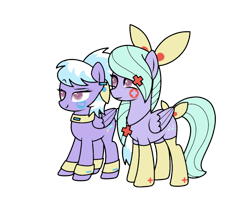 Size: 1002x797 | Tagged: safe, artist:icey-wicey-1517, artist:kb-gamerartist, edit, character:cloudchaser, character:flitter, species:pegasus, species:pony, g4, anklet, bow, bracelet, choker, clothing, collaboration, color edit, colored, cosplay, costume, crossover, duo, ear piercing, earring, female, hair bow, hairclip, halloween, halloween costume, holiday, jewelry, mare, minun, necklace, nightmare night, nightmare night costume, piercing, plusle, pokémon, raised eyebrow, siblings, simple background, sisters, socks, tail bow, transparent background, twins, wristband