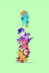 Size: 2752x4096 | Tagged: safe, artist:kylesmeallie, character:applejack, character:fluttershy, character:pinkie pie, character:rainbow dash, character:rarity, character:twilight sparkle, character:twilight sparkle (alicorn), species:alicorn, species:earth pony, species:pegasus, species:pony, species:unicorn, g4, clothing, cowboy hat, earth pony strength, eyes closed, female, flying, green background, hat, mane six, mare, no pupils, pony pile, scared, simple background, stack, tower of pony