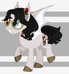 Size: 2225x2385 | Tagged: safe, artist:lazuli, artist:thieeur-nawng, base used, oc, oc only, oc:crimson tide, species:bat pony, species:pony, g4, abstract background, bat pony oc, bat wings, colored hooves, glasses, grin, raised hoof, smiling, solo, wings
