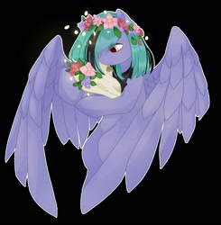 Size: 1128x1149 | Tagged: safe, artist:thieeur-nawng, oc, oc only, species:pegasus, species:pony, g4, black background, bouquet, floral head wreath, flower, pegasus oc, simple background, solo, wings