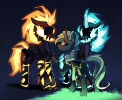 Size: 3320x2720 | Tagged: safe, artist:kaleido-art, oc, oc only, species:pony, comic:the lost sun, g4, armor, blue fire, commission, digital painting, fire, glowing eyes, reunion, trio