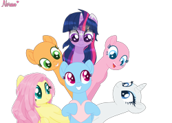 Size: 2136x1529 | Tagged: safe, artist:itsnatcherx, artist:noreenthedramaqueen, artist:thieeur-nawng, base used, character:applejack, character:fluttershy, character:pinkie pie, character:rainbow dash, character:rarity, character:twilight sparkle, species:pony, g4, bald, bust, collaboration, heart, mane six, simple background, smiling, transparent background