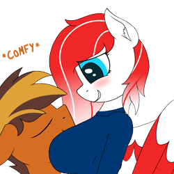 Size: 1500x1500 | Tagged: safe, artist:ponynamedmixtape, oc, oc only, oc:making amends, oc:mixtape, species:anthro, species:earth pony, species:pegasus, species:pony, g4, blushing, breast pillow, breasts, clothing, eyes closed, simple background, smiling, sweater, transparent background