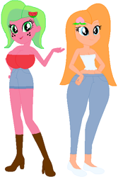 Size: 380x570 | Tagged: safe, artist:sturk-fontaine, oc, oc only, oc:melon kiss, oc:peach blossom, species:eqg human, g4, my little pony:equestria girls, bases used, big breasts, breasts, duo, duo female, female, females only, huge breasts, impossibly wide hips, two girls, wide hips