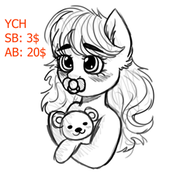 Size: 1841x1835 | Tagged: safe, artist:vaiola, oc, species:pony, g4, advertisement, auction, avatar, baby, baby pony, big eyes, blushing, bust, commission, cute, ear fluff, eyebrows, female, fluffy, hug, icon, long mane, mare, pacifier, portrait, shy, simple background, sketch, solo, teddy bear, ych sketch, your character here