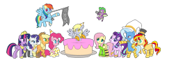 Size: 2741x944 | Tagged: safe, artist:icey-wicey-1517, artist:kb-gamerartist, edit, character:applejack, character:derpy hooves, character:fluttershy, character:pinkie pie, character:rainbow dash, character:rarity, character:spike, character:starlight glimmer, character:sunset shimmer, character:trixie, character:twilight sparkle, character:twilight sparkle (alicorn), species:alicorn, species:dragon, species:earth pony, species:pegasus, species:pony, species:unicorn, g4, applejack's hat, bandana, bipedal, boots, bracelet, cake, cape, clothing, collaboration, color edit, colored, cowboy boots, cowboy hat, crown, ear piercing, earring, eyeshadow, female, flag, flying, food, freckles, happy birthday mlp:fim, hat, hoof shoes, jewelry, makeup, male, mane seven, mane six, mare, mlp fim's tenth anniversary, mouth hold, necklace, open mouth, party, party hat, piercing, plate, raised hoof, raised leg, regalia, shoes, simple background, sitting, socks, stockings, striped socks, sweater, sweatershy, thigh highs, top hat, transparent background, wall of tags, winged spike, wristband