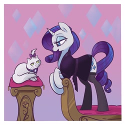 Size: 2048x2048 | Tagged: safe, artist:pfeffaroo, character:opalescence, character:rarity, species:pony, species:unicorn, g4, bed, cat, clothing, duo, female, leaning, lidded eyes, looking at each other, mare, nightgown, open mouth, pillow, profile, stockings, talking, thigh highs