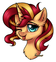 Size: 1602x1771 | Tagged: safe, artist:kruszyna25, character:sunset shimmer, species:pony, species:unicorn, g4, blep, blushing, bust, cheek fluff, chest fluff, cute, ear fluff, female, looking at you, mare, shimmerbetes, simple background, solo, tongue out, transparent background