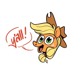 Size: 1280x1280 | Tagged: safe, artist:kylesmeallie, character:applejack, species:earth pony, species:pony, g4, applejack's hat, clothing, cowboy hat, dialogue, female, flanderization, hat, mare, simple background, solo, speech bubble, white background, y'all