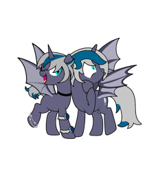 Size: 826x967 | Tagged: safe, artist:icey-wicey-1517, artist:kb-gamerartist, edit, oc, oc only, oc:elizabat stormfeather, species:alicorn, species:bat pony, species:pony, g4, alicorn oc, anklet, armband, bat pony alicorn, bat pony oc, bat wings, blank flank, bracelet, choker, collaboration, color edit, colored, duality, female, happy birthday mlp:fim, horn, hug, jewelry, mare, mlp fim's tenth anniversary, one eye closed, open mouth, raised hoof, raised leg, self paradox, simple background, transparent background, wings, wink