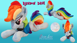 Size: 1920x1080 | Tagged: safe, artist:steam-loco, character:rainbow dash, species:pegasus, species:pony, g4, bedroom eyes, collar, cutie mark, embroidery, female, folded wings, heart, photo, plushie, solo, wings