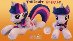 Size: 1920x1080 | Tagged: safe, artist:steam-loco, character:twilight sparkle, character:twilight sparkle (alicorn), species:alicorn, species:pony, g4, bedroom eyes, collar, cutie mark, embroidery, female, folded wings, heart, horn, photo, plushie, solo, wings