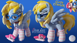 Size: 1920x1080 | Tagged: safe, artist:steam-loco, character:pinkie pie, oc, oc:cloud cuddler, species:pegasus, species:pony, g4, bedroom eyes, clothing, collar, cutie mark, embroidery, female, glasses, heart, pegasus oc, photo, plushie, socks, solo, spread wings, striped socks, wings