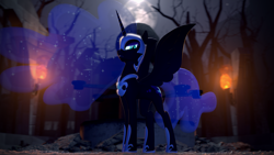 Size: 3840x2160 | Tagged: safe, artist:psfmer, character:nightmare moon, character:princess luna, species:alicorn, species:pony, g4, 3d, armor, castle of the royal pony sisters, cutie mark, dead tree, ethereal mane, female, fire, jewelry, looking at you, looking down, looking down at you, mare, moon, moonlight, night, regalia, rubble, solo, source filmmaker, spread wings, torch, tree, wings