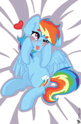 Size: 2283x3508 | Tagged: safe, artist:minty joy, character:rainbow dash, species:pegasus, species:pony, g4, backwards cutie mark, bed, blep, blushing, chest fluff, commission, cute, dakimakura cover, dashabetes, ear fluff, heart, heart eyes, hug, leg fluff, one eye closed, pillow, pillow hug, solo, spread wings, squishy cheeks, tongue out, wingding eyes, wings, wink