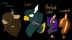 Size: 1280x712 | Tagged: safe, artist:lepiswerid, oc, oc only, oc:luiz, oc:starstruck glow, oc:sunspeck, oc:usama mirnia, species:earth pony, species:griffon, species:pony, species:unicorn, species:yak, g4, adopted oc, adopted offspring, brother and sister, bust, child, colored wings, cutie mark, ear piercing, earring, female, griffon oc, horn, horn ring, jewelry, male, piercing, portrait, ring, scar, siblings, tired, wings, yak oc