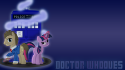 Size: 1360x768 | Tagged: safe, artist:flamingo1986, artist:guandi97, artist:rt18, character:doctor whooves, character:time turner, character:twilight sparkle, species:earth pony, species:pony, species:unicorn, g4, clothing, doctor who, doctor whooves adventures, duo, female, magic, male, mare, necktie, simple background, sonic screwdriver, stallion, suit, tardis, telekinesis, the doctor