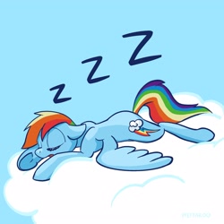 Size: 2048x2048 | Tagged: safe, artist:pfeffaroo, character:rainbow dash, species:pegasus, species:pony, g4, cloud, cute, dashabetes, eyes closed, female, floppy ears, high res, lying down, mare, nap, on a cloud, onomatopoeia, open mouth, prone, sleeping, solo, sound effects, spread wings, underhoof, wings, zzz