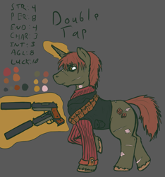 Size: 949x1014 | Tagged: safe, artist:stonershy, oc, oc only, oc:double tap, fallout equestria, dual wield, edge, edgy, fallout equestria: anywhere but here, fanfic art, gun, pistol, reference sheet, solo, suppressor