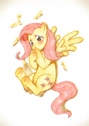 Size: 1033x1460 | Tagged: dead source, safe, artist:hotomura, character:fluttershy, species:pegasus, species:pony, blushing, feather, female, mare, on back, pixiv, solo