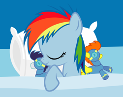 Size: 1976x1560 | Tagged: safe, artist:capt-nemo, character:rainbow dash, character:soarin', character:spitfire, species:pegasus, species:pony, bed, blanket, cute, dashabetes, eyes closed, female, filly, filly rainbow dash, foal, gimp, male, mare, on side, pillow, plushie, sleeping, smiling, solo, stallion, younger