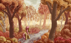 Size: 3623x2200 | Tagged: safe, artist:morevespenegas, character:fluttershy, species:pegasus, species:pony, autumn, bush, female, forest, leaves, mare, scenery, solo, tree