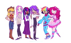 Size: 1074x649 | Tagged: safe, artist:tearzah, character:applejack, character:fluttershy, character:pinkie pie, character:rainbow dash, character:rarity, character:twilight sparkle, species:human, boots, clothing, converse, diversity, hat, humanized, jeans, long skirt, mane six, pants, shoes, simple background, skirt, stockings, sweater, sweatershy, thigh highs, white background