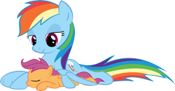 Size: 7291x3809 | Tagged: safe, artist:iamadinosaurrarrr, character:rainbow dash, character:scootaloo, scootalove, simple background, sleeping, transparent background, vector, wing blanket