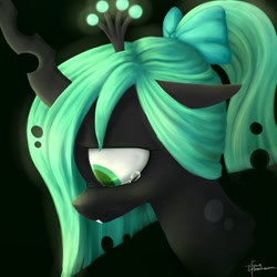 Size: 2200x2200 | Tagged: safe, artist:ifthemainecoon, character:queen chrysalis, crying, cute, cutealis, nymph, ponytail, ribbon