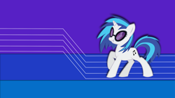 Size: 2732x1536 | Tagged: safe, artist:jamesg2498, character:dj pon-3, character:vinyl scratch, species:pony, species:unicorn, cutie mark, female, hooves, horn, mare, smiling, solo, sunglasses, teeth, vector, wallpaper