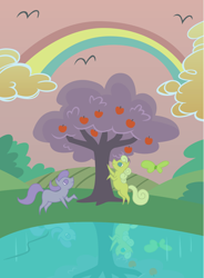 Size: 1450x1975 | Tagged: safe, artist:capt-nemo, species:bird, species:earth pony, species:pony, episode:winter wrap up, g4, my little pony: friendship is magic, apple, apple tree, blank flank, butterfly, cloud, cloudy, cmyk, duo, female, food, grape oasis, lake, lime paradise, mare, picture, rainbow, raised leg, rearing, reflection, tree, water