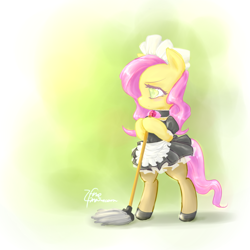 Size: 1000x1000 | Tagged: safe, artist:ifthemainecoon, character:fluttershy, species:pony, bipedal, clothing, costume, fluttermaid, maid, mop
